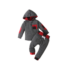 Load image into Gallery viewer, 2pcs Boys Red and Black Plaid Hooded Sweatshirt with Pants Set