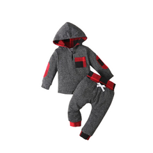 Load image into Gallery viewer, 2pcs Boys Red and Black Plaid Hooded Sweatshirt with Pants Set
